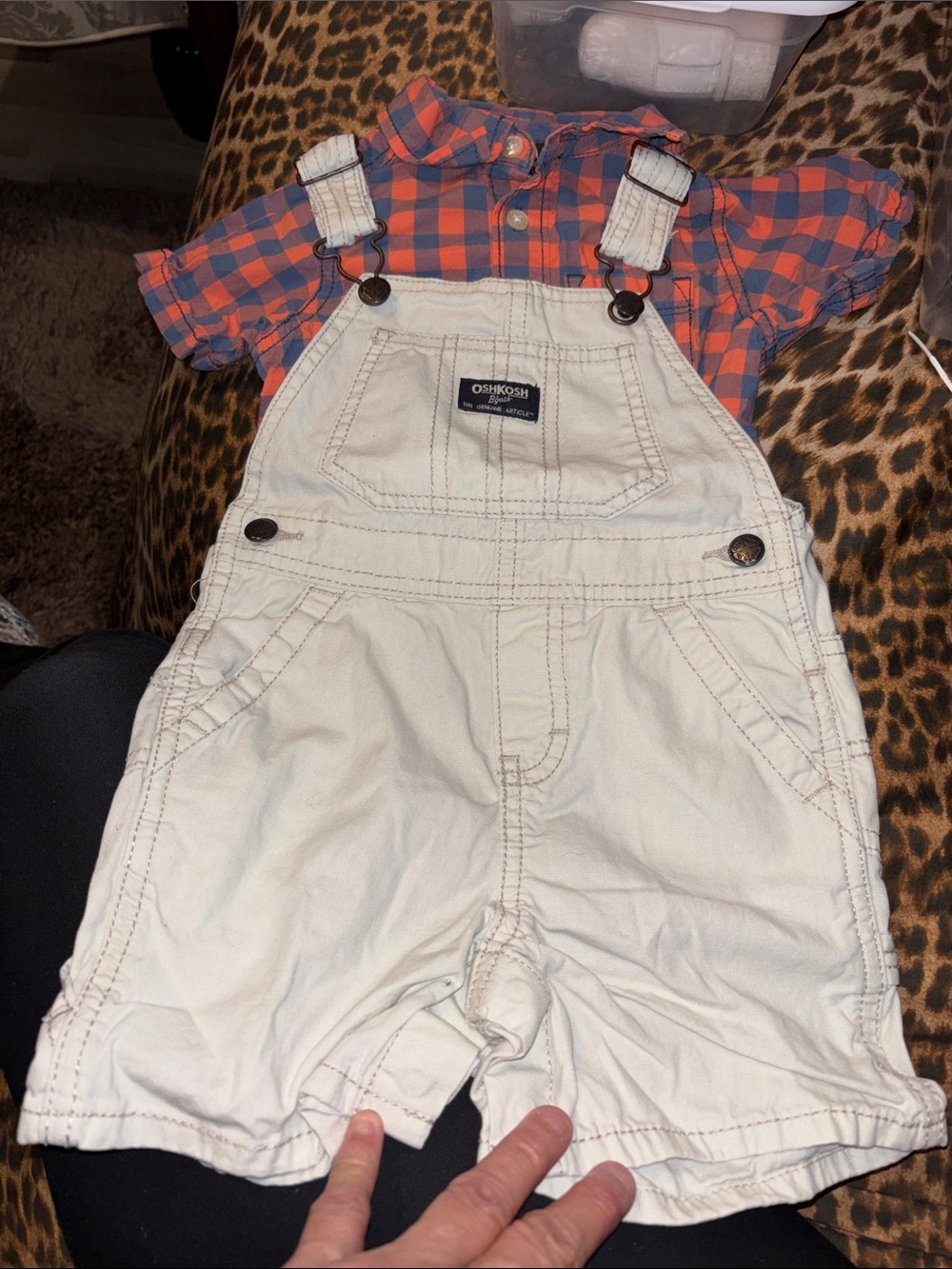 OshKosh B'gosh Cream Shortalls with Orange and Blue Plaid Shirt